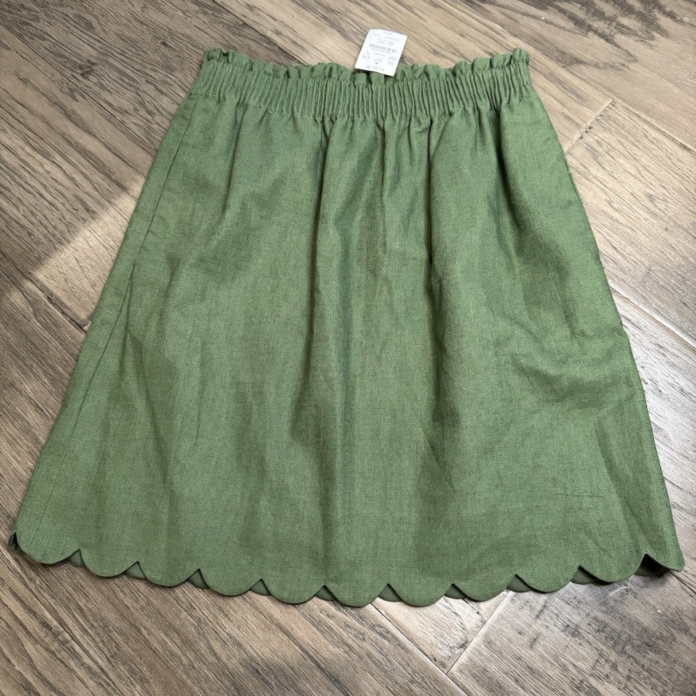 J Crew AL195 Scalloped Linen/Cotton Pull On Skirt. Green, Women's Size 0 NWT